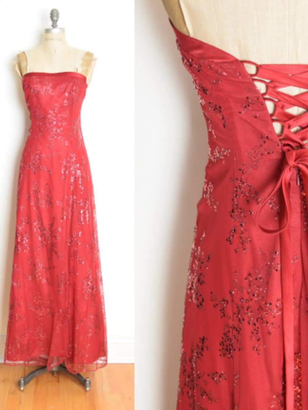vintage 90s Y2K prom dress Zum Zum corset lace up glitter print red mesh maxi S